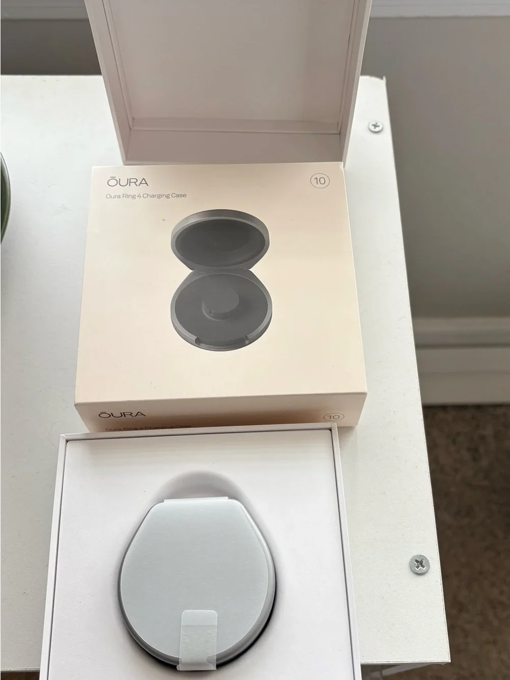 Oura Silver Ring Charging Case with Black Interior